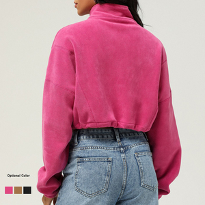SHINBENE Women's Fuzzy Fleece Cropped Jacket Half Zip Fluffy Sherpa Coat Winter <strong>Teddy</strong> <strong>Hoodie</strong> With Long Sleeves - Product Image 3