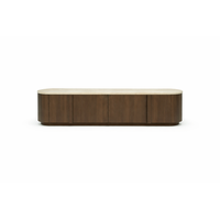 Console TV élégante multi-styles, meuble incurvé en placage de noyer sur mesure avec surface en pierre de travertin de qualité supérieure