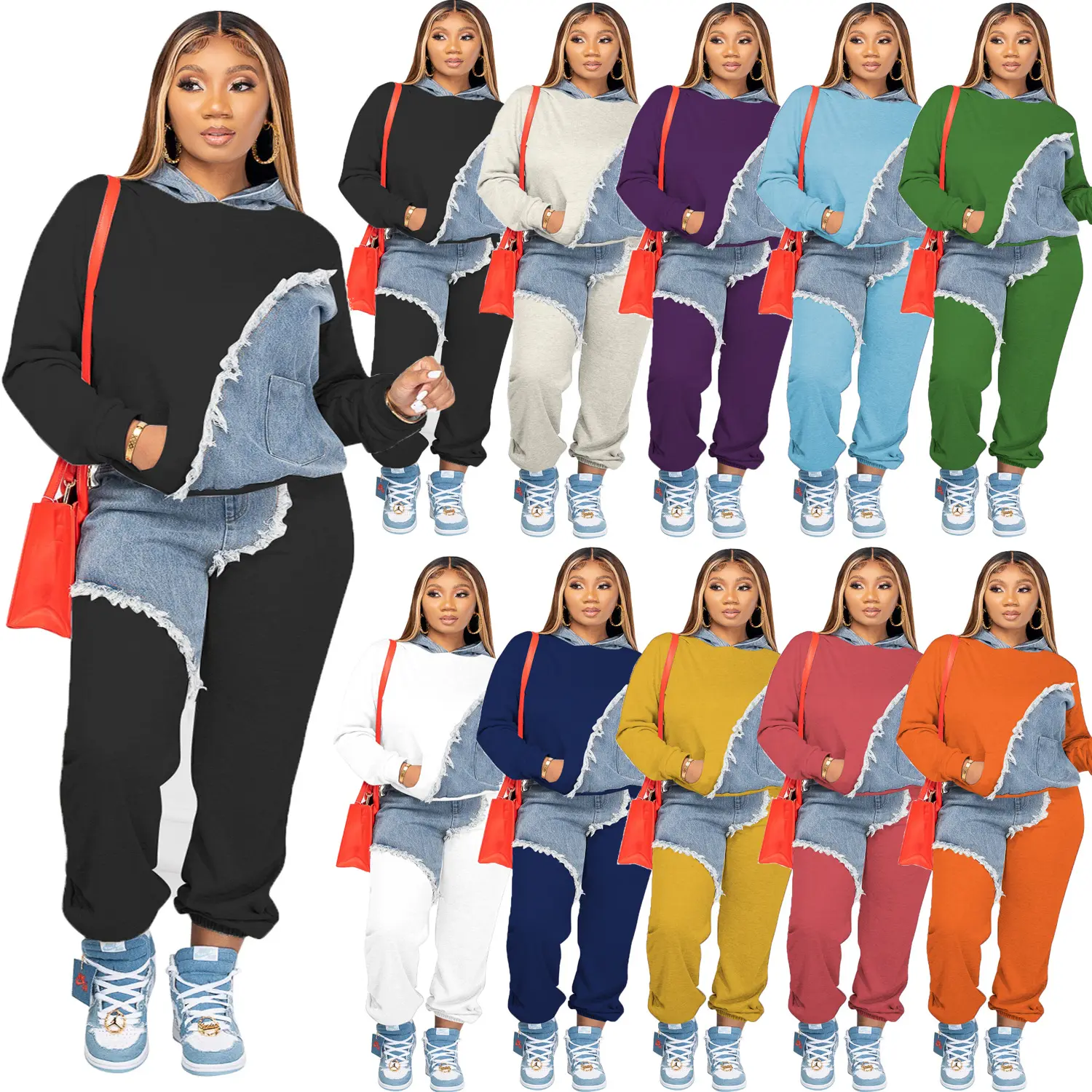 Fashion Trending Fall Winter Sweatsuit Two Piece Set Patchwork 2 Piece Set Women Clothing Tracksuits Sweatpants And Hoodie Set