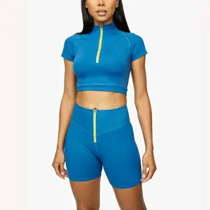 Custom Yoga Set Reflective Zipper Tank Crop Tops Shorts Outfit Slim Fit Outfits Fitness Gym Hip Lifting Yoga Suit Yoga Sets