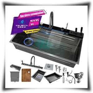 Lavello da cucina in acciaio inossidabile spazzolato aggiornato con set di rubinetti a cascata per la cucina dell'hotel - Product Image 1