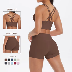 High Quality Women's 2 Piece Yoga Set Cross Back Sports <b>Bra</b> High Waist Shorts Shockproof Breathable Fitness Wear Gym Outfits - Product Image 1