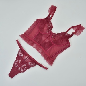 Completo Intimo Floreale in Rete con Volant e Spalline, Bustier Trasparente e Perizoma Scavato, Lingerie Elegante da Donna - Product Image 3