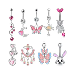 NUORO Shiny 14G Pink Crystal Butterfly Crescent Rabbit Curved Banana Body Navel Piercing Bear Heart Dangle Belly Button Rings