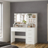 FIONESO Coiffeuse en bois avec miroir éclairé, 5 tiroirs, 3 étagères de rangement, 3 modes de couleur, luminosité réglable