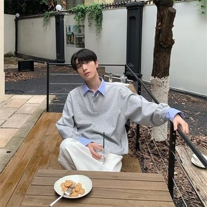 เสื้อเชิ้ตผ้าวูลแบบสองชิ้นปลอมๆ ตัดต่อสีสัน ไม่มีซับใน แขนยาว ปกพับ ทรงหลวม สไตล์คู่รัก สำหรับฤดูใบไม้ผลิ - Product Image 3