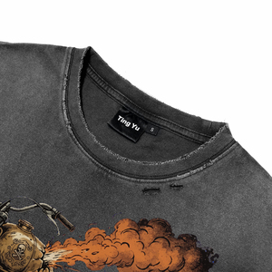 T-shirts pour hommes vintage effet vieilli, motif moto, délavés à l'acide, mode décontractée, manches courtes, avec lettres, coupe oversize, style streetwear - Product Image 3