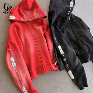 Custom Rhinestone Embellished Heavyweight Streetwear Full Zip Gradient Oversized Hoodies And Sweatshirts OEM ODM - Product Image 1