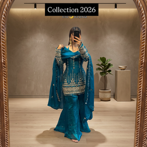 TENNECY Nuevo Diseño Conjunto de Top, Pantalón Palazzo y Dupatta de Satén de Seda Elástico, Reversible, de Secado Rápido y Antiarrugas, Listo para Bodas y Diwali - Product Image 1