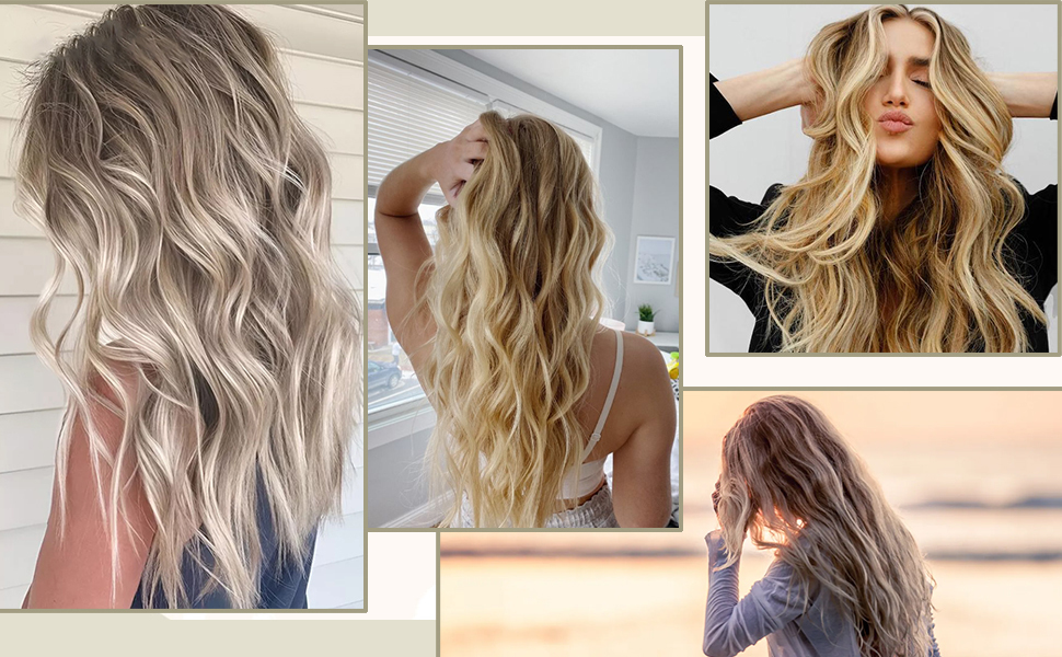 KAMA Women's Heat Resistant Lace Front Wig Dark Root Synthetic Fiber Wavy Curly Middle Part for Daily Party Use Long Wavy Style Detail Section 6