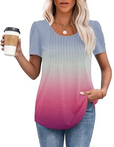 T-shirt à manches bouffantes pour femmes, pull à manches courtes en tricot plissé ombré - Product Image 1