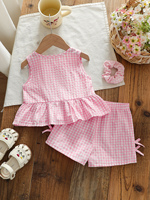 Ensemble de vêtements pour bébé fille : Haut sans manches respirant 100 % polyester avec ourlet à volants et bandeau, et gilet à nœud tridimensionnel