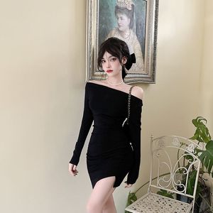Off Shoulder Long Sleeve Bodycon Dress Solid Color Asymmetric Club Dress Red Green Black Women's Short Skirt Elegant Nightclub - Product Image 3