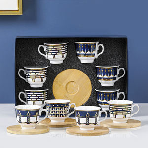 Ensemble de tasses à café et soucoupes en porcelaine de luxe moderne de 12 pièces au design arabe, boîte cadeau de voyage en bois écologique, marque <span class=keywords><strong>YOUZE</strong></span> - Product Image 3