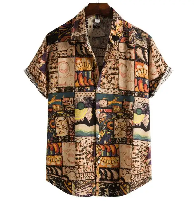 Custom Logo Vintage Sublimation Print Beach Wear Quick Dry Polyester Button Down Collar Short Sleeves Men's Hawaiian Shirt