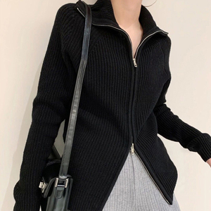 Pull en <span class=keywords><strong>laine</strong></span> <span class=keywords><strong>mérinos</strong></span> à double fermeture éclair, couleur unie, col rabattu, fin, pour femmes, printemps 2021 - Product Image 2