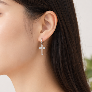 Boucles d'oreilles créoles en acier inoxydable argenté, avec breloques géométriques polies, motif croix de 22,1 × 13,2 mm - Product Image 2