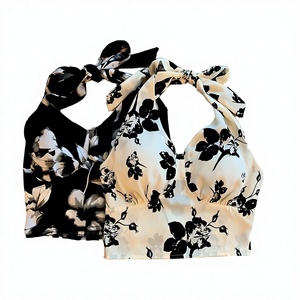 Women's Denim Floral Halter Neck Tank <b>Top</b> Short Backless Crop <b>Top</b> - Product Image 3