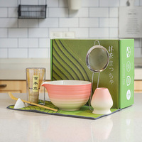 Service à thé matcha japonais dégradé rose bol en céramique 7 pièces cuillère en bambou tamis torchon avec agitateur matcha élégant