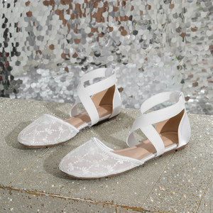 Chaussures plates de ballet pour femmes en maille brodée florale blanche, avec bride de cheville élastique réglable et bout fermé – Tendance mode du <span class=keywords><strong>fournisseur</strong></span> chinois - Product Image 2