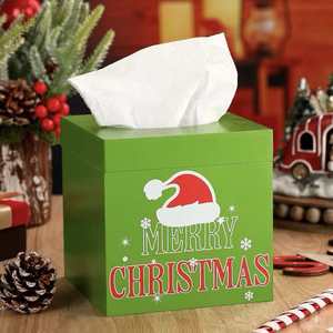 Caja de pañuelos navideña verde con diseño de Feliz Navidad, caja de almacenamiento de madera para uso en fiestas navideñas - Product Image 1