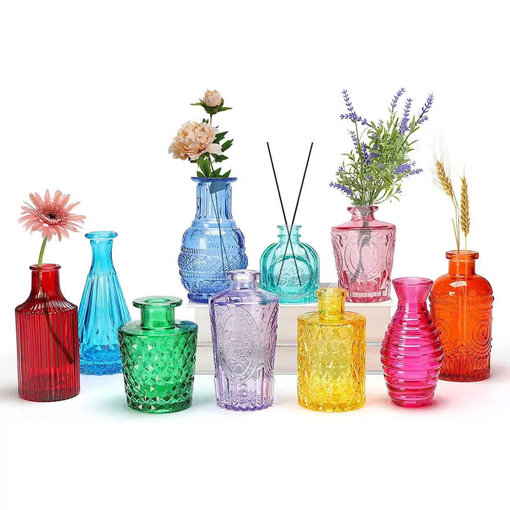 Vas Kaca Warna-warni untuk Hiasan Tengah Meja/Vas Kaca Tunas Tunggal/Vas Bunga Meja Mini Ukiran Antik Kreatif