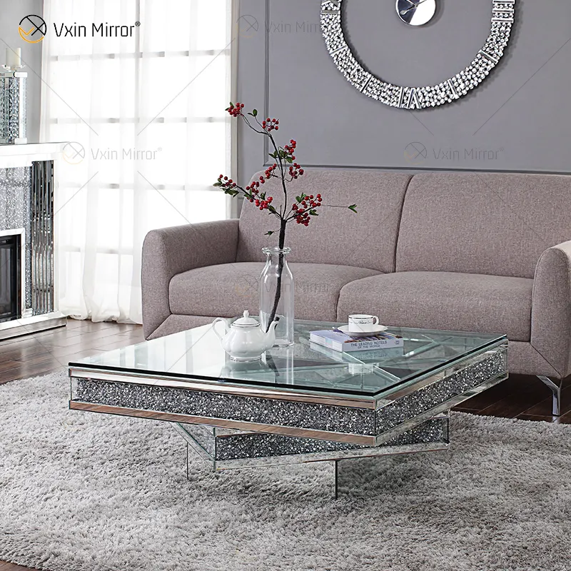 Modernes Wohnzimmer glitzernd gebrochener Diamant spiegel dekorativer Mittel tisch Luxus verspiegelter silberner Glasplatte Couch tisch