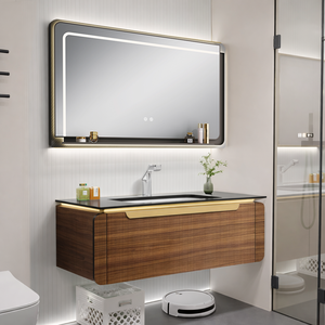 Meuble-lavabo flottant contemporain avec étagère intégrée et éclairage, meuble-lavabo de salle de bain moderne avec solution de rangement dissimulée - Product Image 1