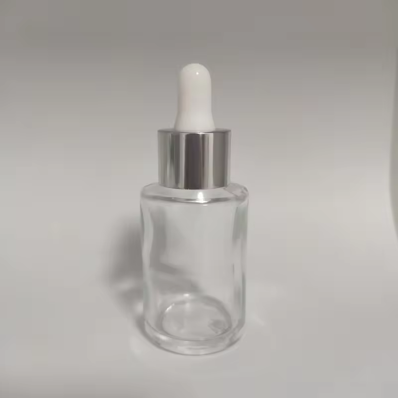 bouteille transparente + anneau en aluminium argenté brillant + tête en caoutchouc blanc