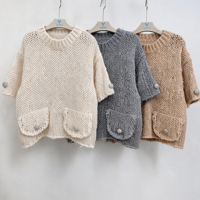 Pull ample en maille épaisse ivoire pour femme, col rond, manches chauve-souris, poches festonnées, tricot ample de haute qualité