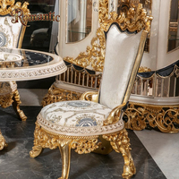 Ensemble de table à manger ovale de luxe en bois massif sculpté à la main, style palais royal français, avec 6 chaises, finition or blanc