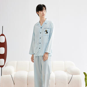 Traje informal <span class=keywords><strong>de</strong></span> otoño para <span class=keywords><strong>mujer</strong></span>, <span class=keywords><strong>pijama</strong></span> con estampado <span class=keywords><strong>de</strong></span> satén <span class=keywords><strong>de</strong></span> <span class=keywords><strong>pingüino</strong></span>, rayas verticales, Lyocell para Tencel, algodón, cintura elástica ODM - Product Image 5