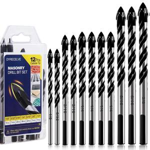 Dyrecelve Masonry <b>Drill</b> <b>Bit</b> Set 12Pcs Carbide Tip Inch Size For Concrete Brick Tile Wood Metal - Product Image 1