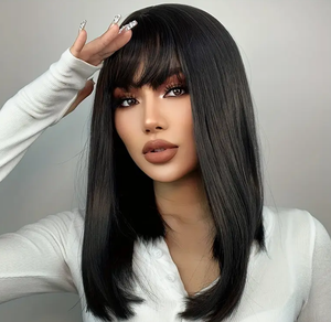 Peluca <span class=keywords><strong>Frontal</strong></span> de cabello humano recto negro de alta densidad <span class=keywords><strong>con</strong></span> flequillo gorra de <span class=keywords><strong>malla</strong></span> Rosa transpirable para todas las etnias Color de encaje HD - Product Image 1