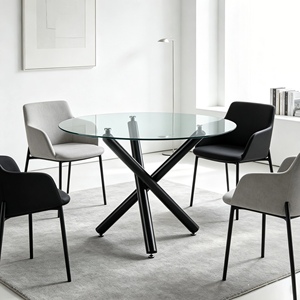 Modern Round Dining <b>Table</b> Tempered Glass Tabletop Black Metal Pedestal Glass Dining Room Furniture - Product Image 5