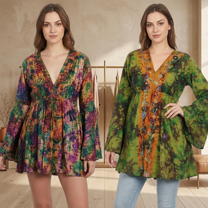 trending elegant tie dye 100% silk short Dress V-Neck Floral Embroidery Floor-Length boho dress online indian wholesale dress - Product Image 2