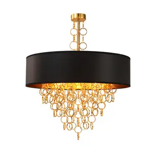 Retro Luxury Fabric Round Shade LED Chandelier Dining Pendant Lamp Style Iron Art Lamp <strong>Rustic</strong> Pendant <strong>Light</strong> <strong>Fixture</strong> - Product Image 1