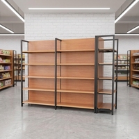 Rak Display Dua Sisi Modern Rustic Hitam Logam Motif Kayu untuk Supermarket, Butik & Toko Swalayan