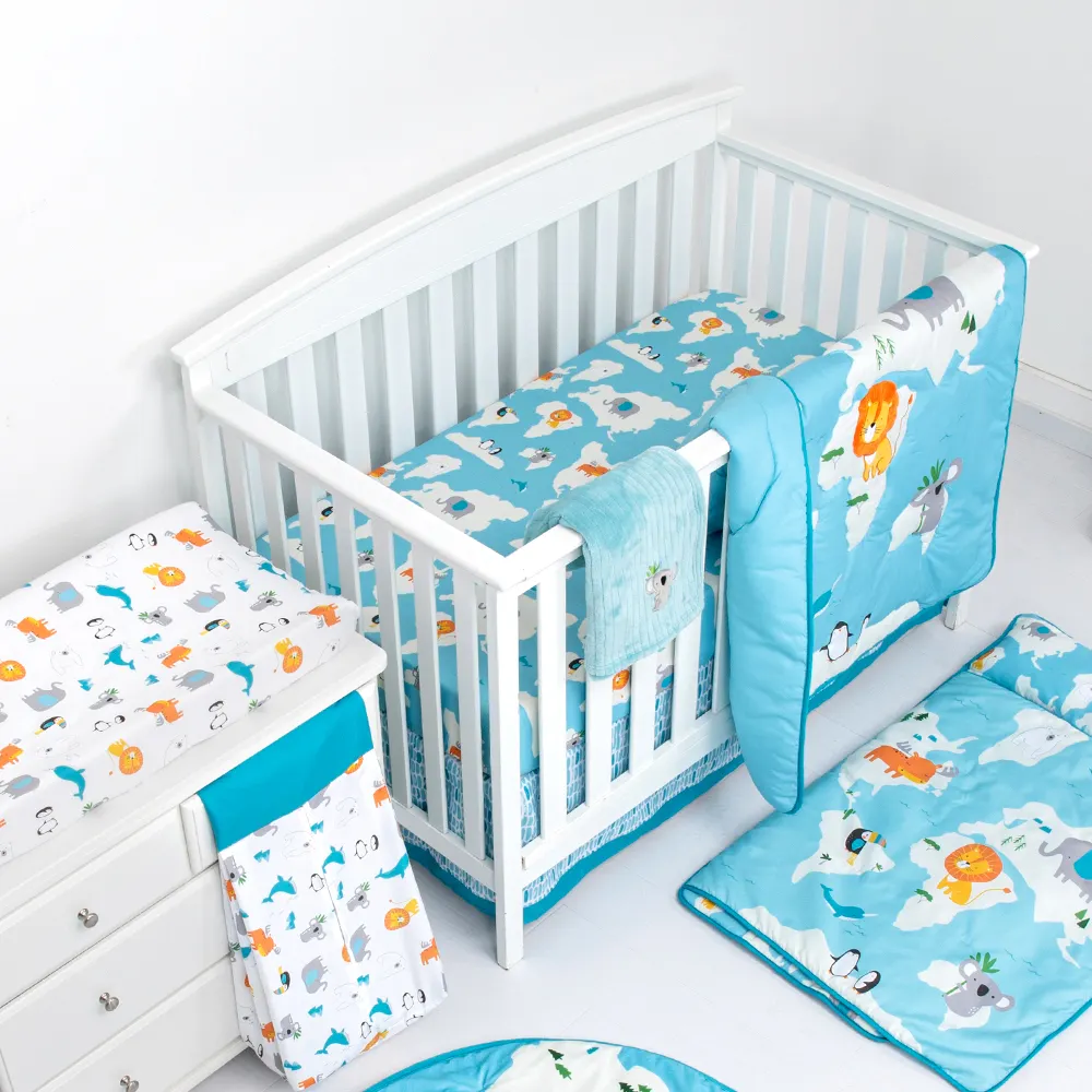 OEKO-TEX100 Blue Elephant Themed 3Pc Cot Baby Girl Nursing Bedding 3D Printed 100% Organic Cotton Crib Bedding Set