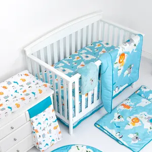 OEKO-TEX100 블루 코끼리 테마 3Pc 유아용 침대 아기 소녀 간호 침구 3D 인쇄 100% 유기농 유아용 침대 침구 세트