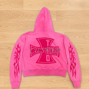 Custom 450gsm Cotton French Terry Y2K Streetwear <b>Pink</b> Rhinestone Flame Graphic Full Zip up <b>Hoodies</b> for <b>Men</b> - Product Image 2