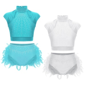 Girls Latin Dance Costume Two Piece Crop <b>Top</b> Cold Shoulder High Waist Shorts <b>Feather</b> Trim Rhinestone Stage Show Outfit Custom - Product Image 5