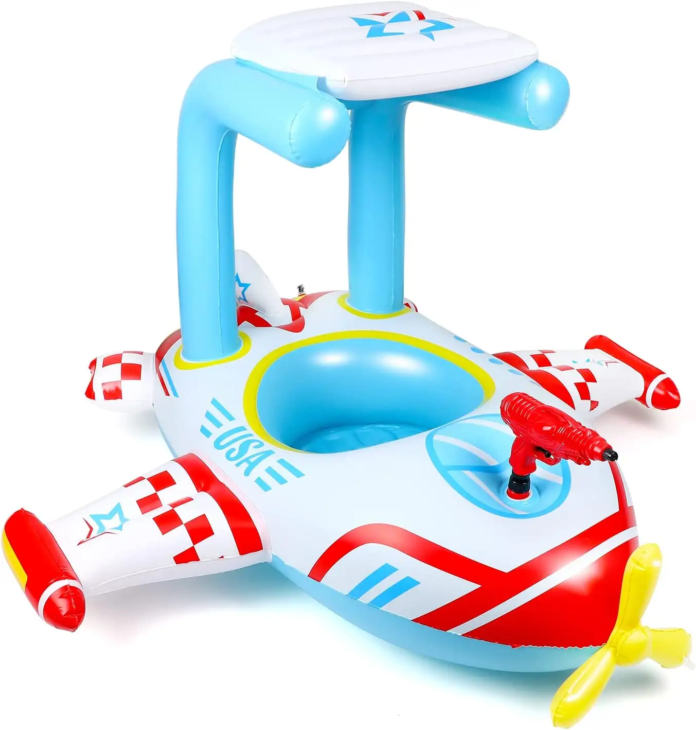 Large Pool Floats- Inflatable Airplane Floats with Sun Canopy Design and Built-in Squirt Gun - Pool Boats Ride-on