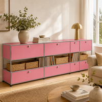 Buffet Modulaire Contemporain Rose en Métal à Quatre Compartiments, Meuble de Rangement Chromé pour Disques Vinyles, Écologique