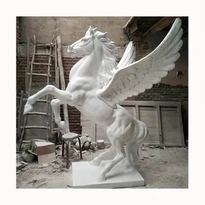 A Mano su ordinazione di pietra scolpita figurine di animali a grandezza naturale di marmo bianco cavallo con le ali scultura statua per la decorazione del giardino