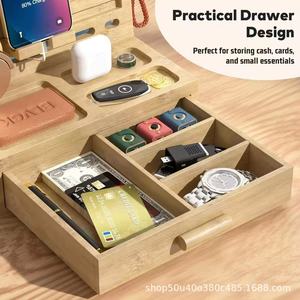 Wooden <b>Desktop</b> Phone Docking Station Earphone Key Wallet Storage Rack Solid Wood Multi Purpose Bedside Organizer - Product Image 4