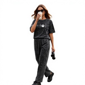 Ensemble de survêtement vintage délavé à l'acide pour femme, coupe décontractée, deux pièces, fournisseur de vêtements sur mesure - Product Image 1