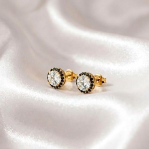 White Topaz Stud Earrings With <b>Black</b> Spinel Accents Round Cut Natural Gemstone In 925 Sterling Silver Or 18K Gold Filled Minimal - Product Image 2