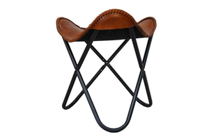 Tabouret papillon en cuir de buffle fait main avec structure en fer pliable, finition vintage et design artisanal pour salon - Product Image 3