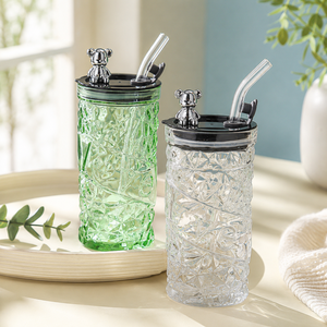 <b>Large</b> Capacity American Style Diamond Pattern Glass <b>Mug</b> Straw Cap-Thickened Wall Microwave Safe Office Travel Use Dishwasher - Product Image 5